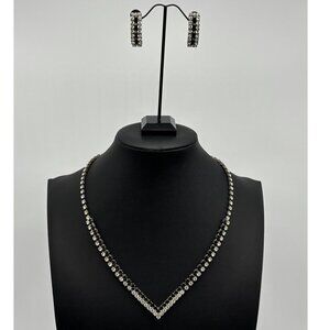 Vintage Black and Clear Rhinestones V-Shaped Necklace and Pierced Earrings Set